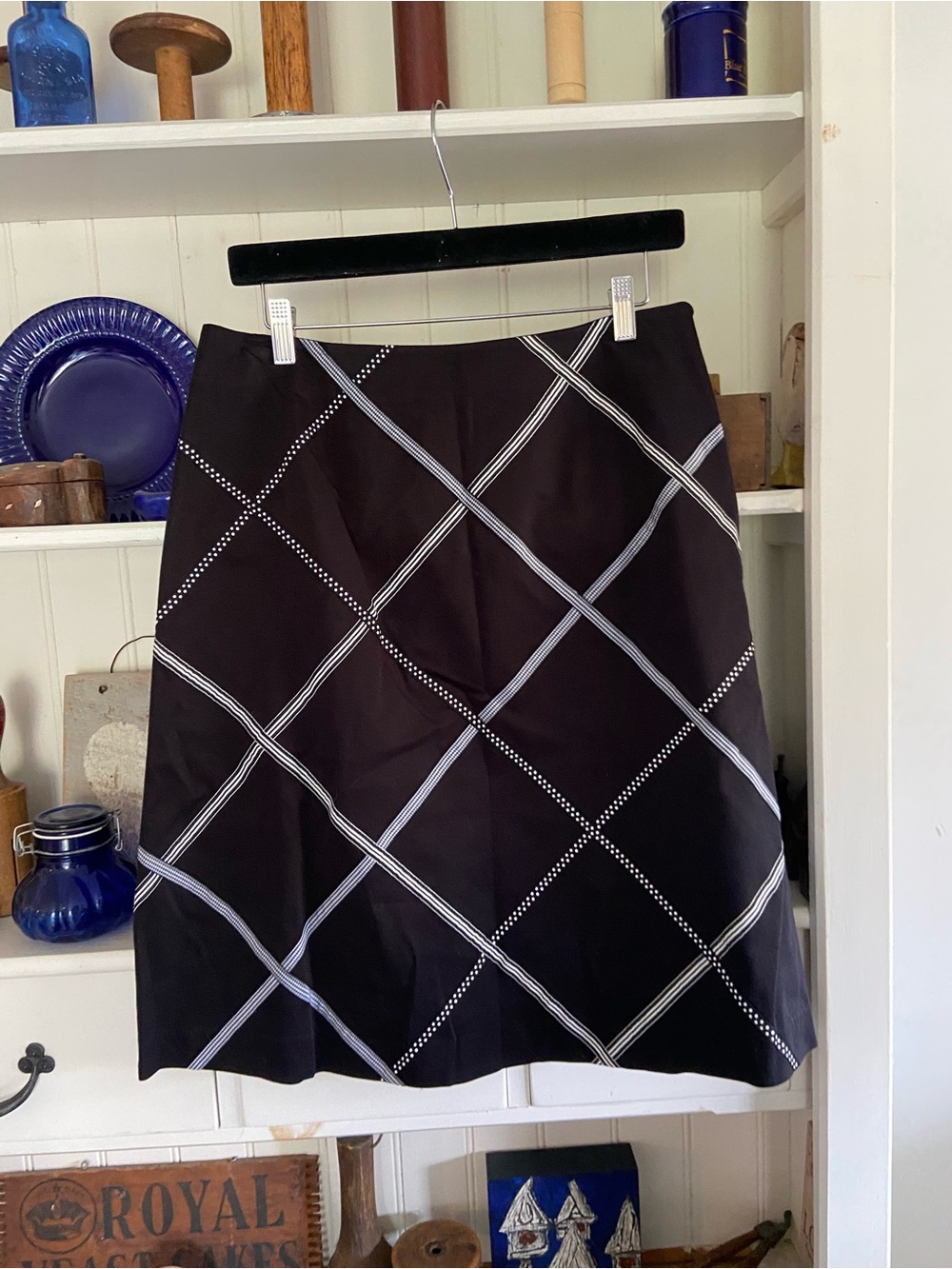 Talbots Black A-Line Skirt with White Windowpane Plaid